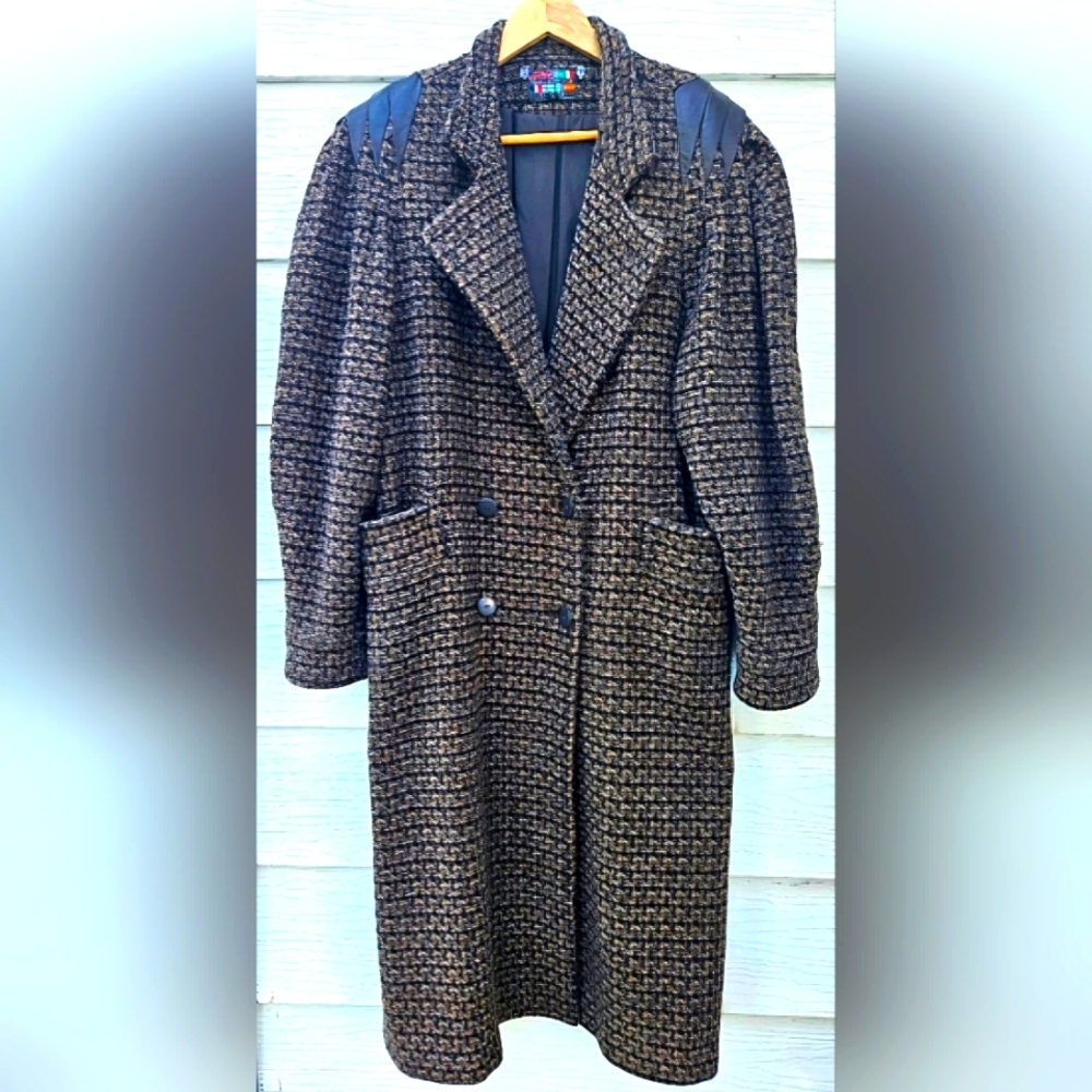 Vintage Coat 1980's Full Length Wool Leather Retro Warm Heavy Cozy Cute Comfy L